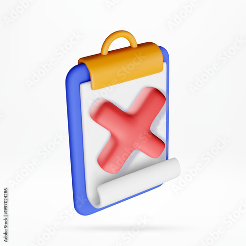 3d clipboard with red cross mark on white paper. Task list rejection symbol illustration. Business document with negative status for project validation and office workflow concept. Vector illustration
