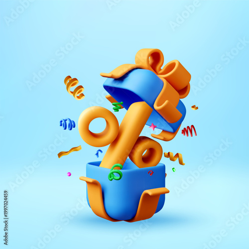 3D Blue gift box with orange percentage sign popping out. Festive special offer and sale event. Discount marketing banner with confetti flying in the air. Vector illustration