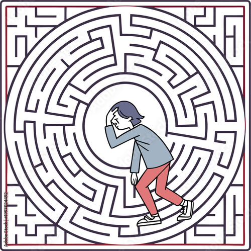 Fotografia Confused man in maze, puzzle labyrinth, problem solving concept, cartoon illustr