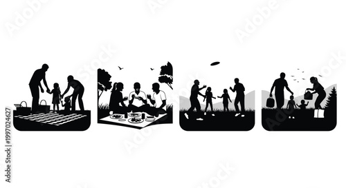 Diverse families enjoying outdoor picnics and recreational activities in silhouette