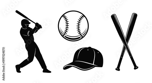 Baseball player silhouette swinging bat with equipment icons including ball, cap, and crossed bats