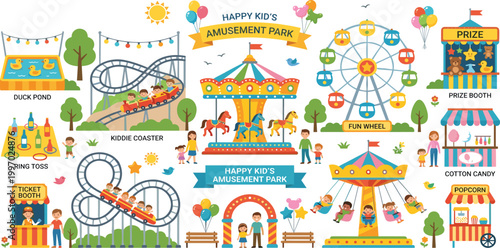 Colorful kids amusement park vector set with carousel, ferris wheel, roller coaster, carnival games, food stalls, and happy families enjoying funfair activities.