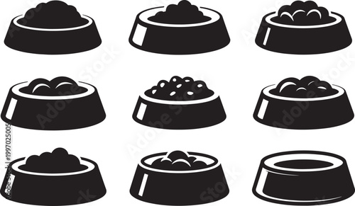 Canvas Print Pet Food Bowl Silhouette Set with Dog and Cat Feeding Dishes Filled and Empty Va