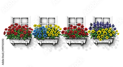 Charming window boxes overflowing with colorful spring flowers in red, blue, yellow, and purple