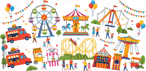 Complete carnival amusement park vector set featuring a ferris wheel carousel rollercoaster food trucks ring toss game and happy families enjoying a festive summer fair.