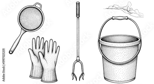 Collection of vintage tools for gardening and cleaning tasks