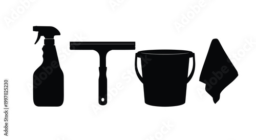 Cleaning supplies including a spray bottle, squeegee, bucket, and cloth are shown in silhouette