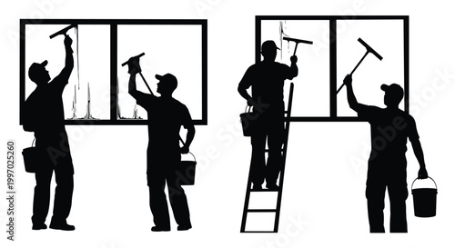 Silhouettes of window cleaners working on a building exterior with squeegees and buckets