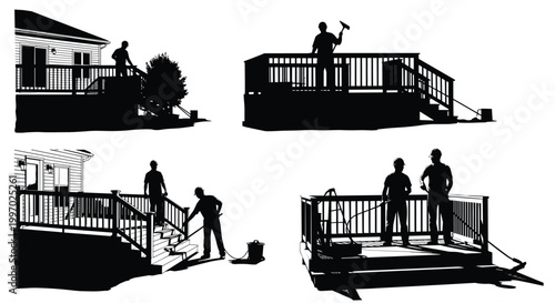 Construction workers performing deck maintenance and repairs on a sunny day