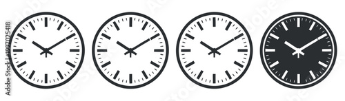 Clock and time icon collection, multiple clock face symbols for scheduling, deadlines, and time tracking, simple modern vector design for digital interfaces.