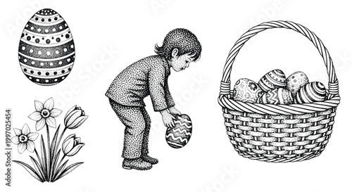 Child collecting decorated Easter eggs in a basket with daffodils and tulips