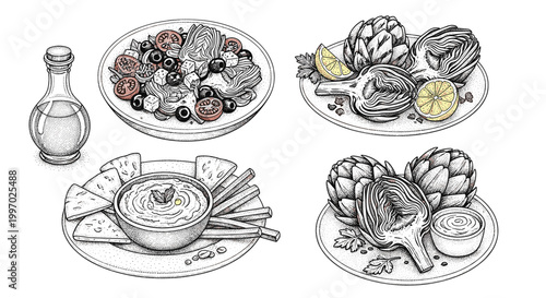 Artichoke dishes and Mediterranean salad with olive oil and pita chips