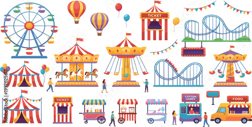 Comprehensive carnival amusement park vector set with ferris wheel, rollercoaster, carousel, hot air balloons, carnival tents, food trucks, and ticket booths.