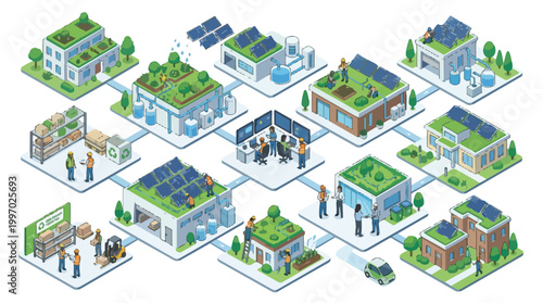 Sustainable City Infrastructure Isometric Illustration with Green Buildings and Workers Showing Renewable Energy and Eco Friendly Urban Development