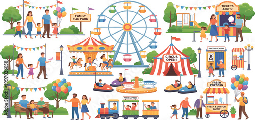 Comprehensive family fun park vector set featuring a ferris wheel, carousel, circus tent, bumper cars, train ride, food stalls, and people enjoying a vibrant summer carnival festival.