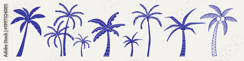 Palm trees silhouette vector set isolated on white background. Tropical tree collection in monochrome hand drawn style with different palm shapes. Minimal botanical elements for logo, branding, print