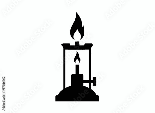 Bunsen Burner Silhouette: A classic black silhouette of a bunsen burner, a symbol of scientific exploration, stands out. the flame dances with a captivating flicker, ready to ignite discoveries