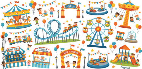 Comprehensive kids fun park amusement vector set featuring a rollercoaster ferris wheel carousel swing ride bumper cars carnival games playground and happy children playing.