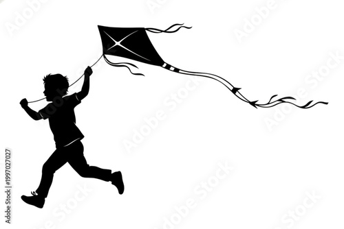 Silhouette Kite Flyer: A silhouette of a young person joyfully runs, their arm stretched to hold up a kite, creating a scene of youthful exuberance and freedom.