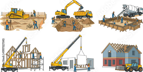 Construction site progress stages set featuring heavy machinery, workers building house foundation, framing, and roofing with cranes and excavators vector.