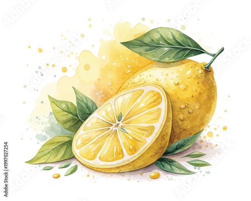 Hand-Painted Lemon Slice Watercolor, Fresh Citrus Fruit Icon, Isolated Vector Illustration