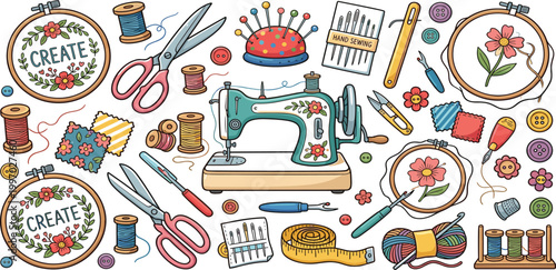 Creative sewing and embroidery hobby collection with vintage machine, embroidery hoops, scissors, thread spools, needles, and colorful buttons vector set.