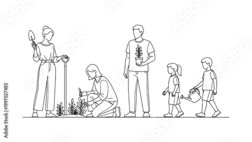 Family plants trees together in a 2D AutoCAD designed community garden outdoors