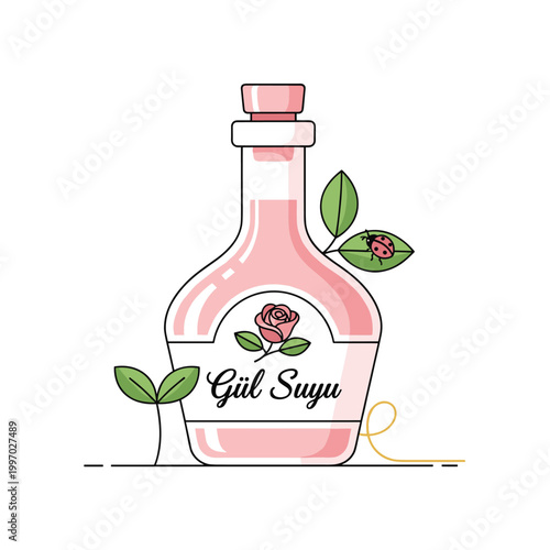 Elegant bottle of rose water with delicate floral and insect accents