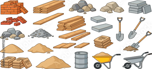 Essential construction building materials set with red bricks, wooden planks, sand piles, gravel, cement bags, shovels, wheelbarrows, and metal barrel vector.