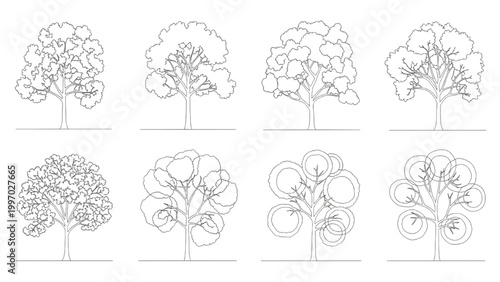 2D AutoCAD designs showcase various tree structures in illustrations