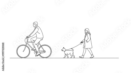 Man rides bicycle while woman walks dog on leash in 2D AutoCAD illustration