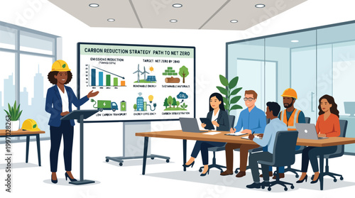 Carbon Reduction Strategy Presentation Diverse Workers Net Zero Emissions Goal Sustainable Industry Concept Vector Illustration
