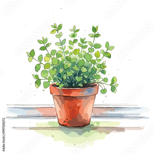 Watercolor illustration of a potted herb plant with lush green leaves on a windowsill