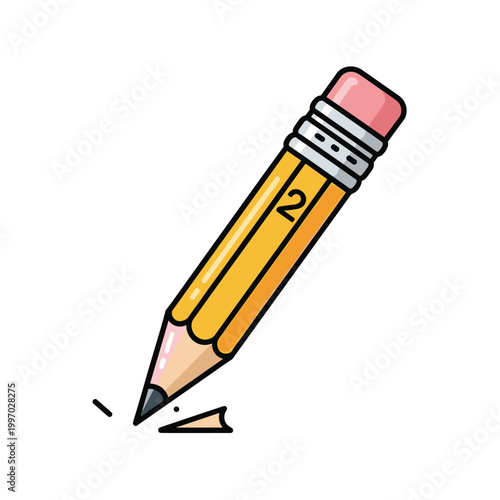 Yellow number two pencil with pink eraser drawing on white background