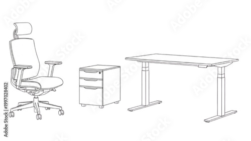Office furniture setup includes 2D AutoCAD desk, chair, and file cabinet