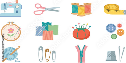 Minimalist flat sewing icon set featuring modern machine, scissors, thread spools, embroidery hoop, buttons, yarn, zipper, and tailoring tools vector.