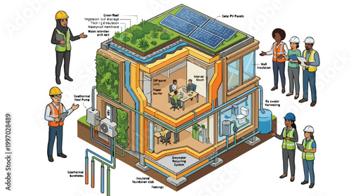 Sustainable Building Design Illustration with Workers Showing Eco Friendly Technologies and Green Infrastructure Concepts for Industry