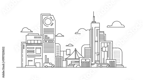 Obraz na płótnie Urban landscape features 2D AutoCAD cityscape with buildings and clouds overhead