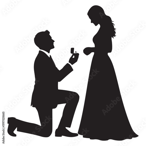 Silhouette vector illustration of a man proposing marriage to a woman with an engagement ring, isolated on white background