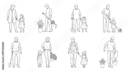 Family members interact with 2D AutoCAD garden designs and plants