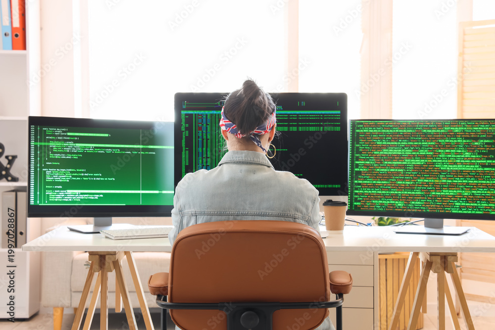 Obraz premium Female programmer working at desk in office, back view