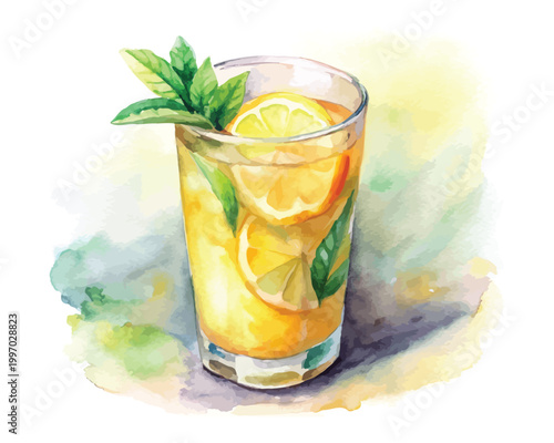 Watercolor Lemonade Glass Icon, Refreshing Summer Drink Clipart, Isolated on White background
