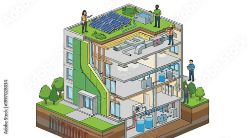 Sustainable Building Infrastructure Sectional Illustration with Workers Renewable Energy Systems and Green Technology Concepts