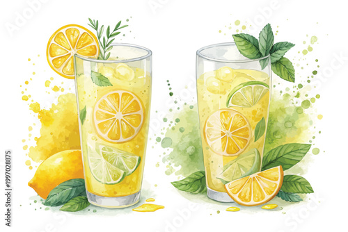 Watercolor Lemonade Glass Icon, Refreshing Summer Drink Clipart, vector illustration Isolated on White background