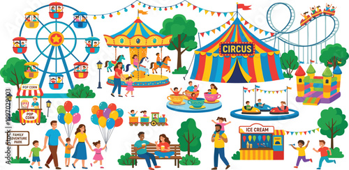 Vibrant amusement park carnival vector set featuring a ferris wheel, carousel, circus tent, rollercoaster, bumper cars, food stalls, and happy families enjoying a summer festival.