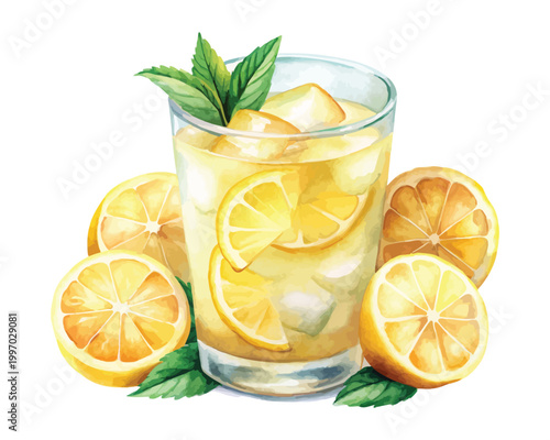 Watercolor Lemonade Glass Icon, Refreshing Summer Drink Clipart, Isolated on White background