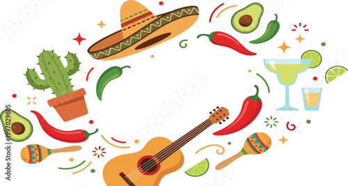 Vibrant Mexican fiesta frame vector featuring sombrero, guitar, maracas, cactus, avocado, chili peppers, and margarita cocktail for Cinco de Mayo celebrations.