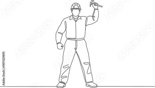 Single line drawing of a construction worker holding a wrench up in victory, symbolizing achievement and hard work.