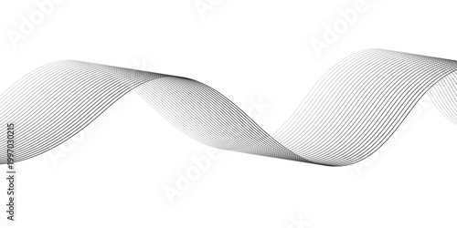 Modern Minimal Black and Gray Wave Line Pattern with Flowing Ribbon Curves and Soundwave Frequency Design on White Background.