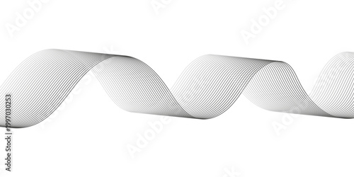 Modern Minimal Black and Gray Wave Line Pattern with Flowing Ribbon Curves and Soundwave Frequency Design on White Background.
